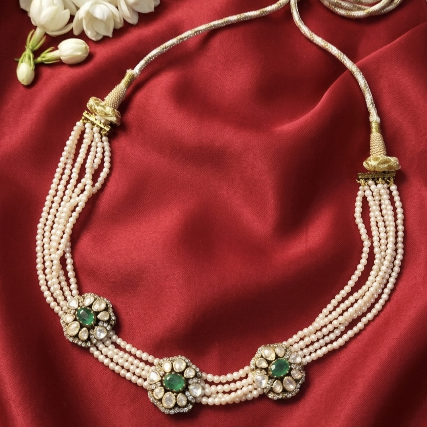 Traditional Multi Strand Pearl -Moissanite Choker 